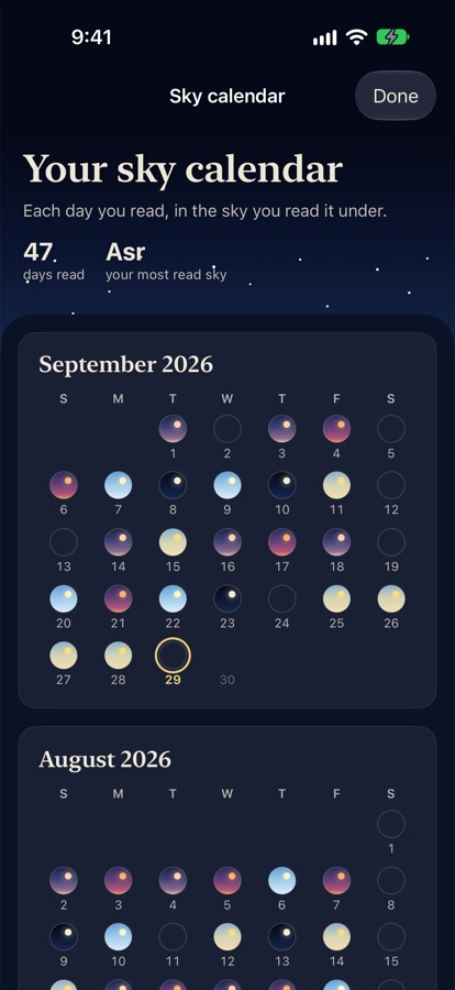 The sky calendar: each day read is a small circle in that moment's sky, from dawn pink to night navy.