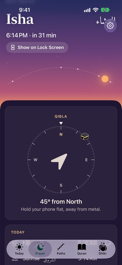 The Prayer tab at sunset: the next prayer, the prayer arc, and a large Qibla compass with the Kaaba marked on its ring.